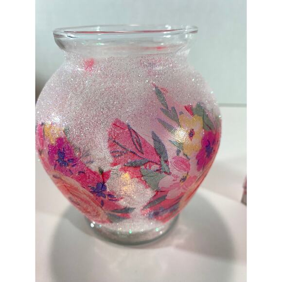 Handmade Frosted Sparkle Pink Rose Decor, Shelf Sitter Vase, Candle Holder - Picture 2 of 9